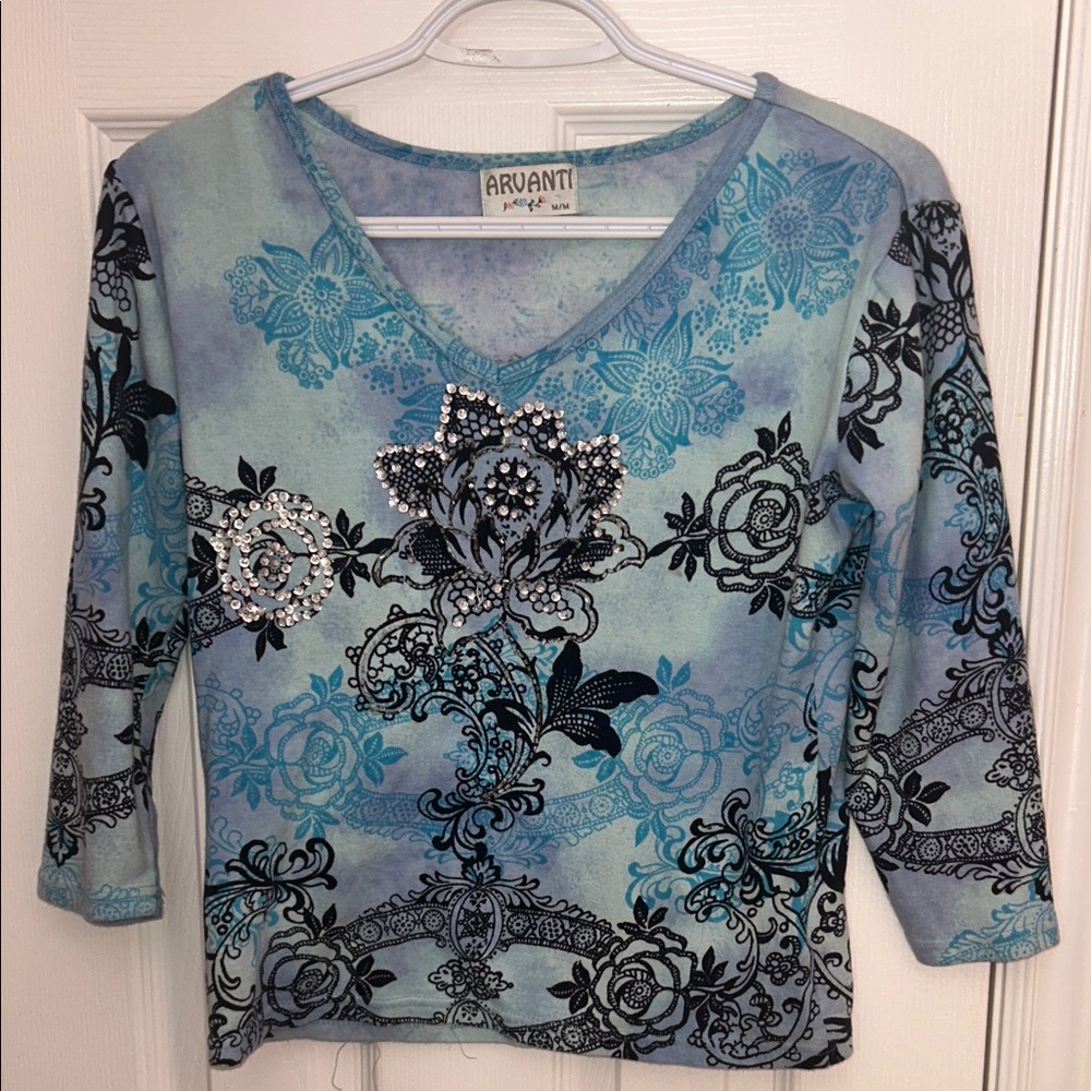 Avanti Teal and Black Embellished Floral Blouse